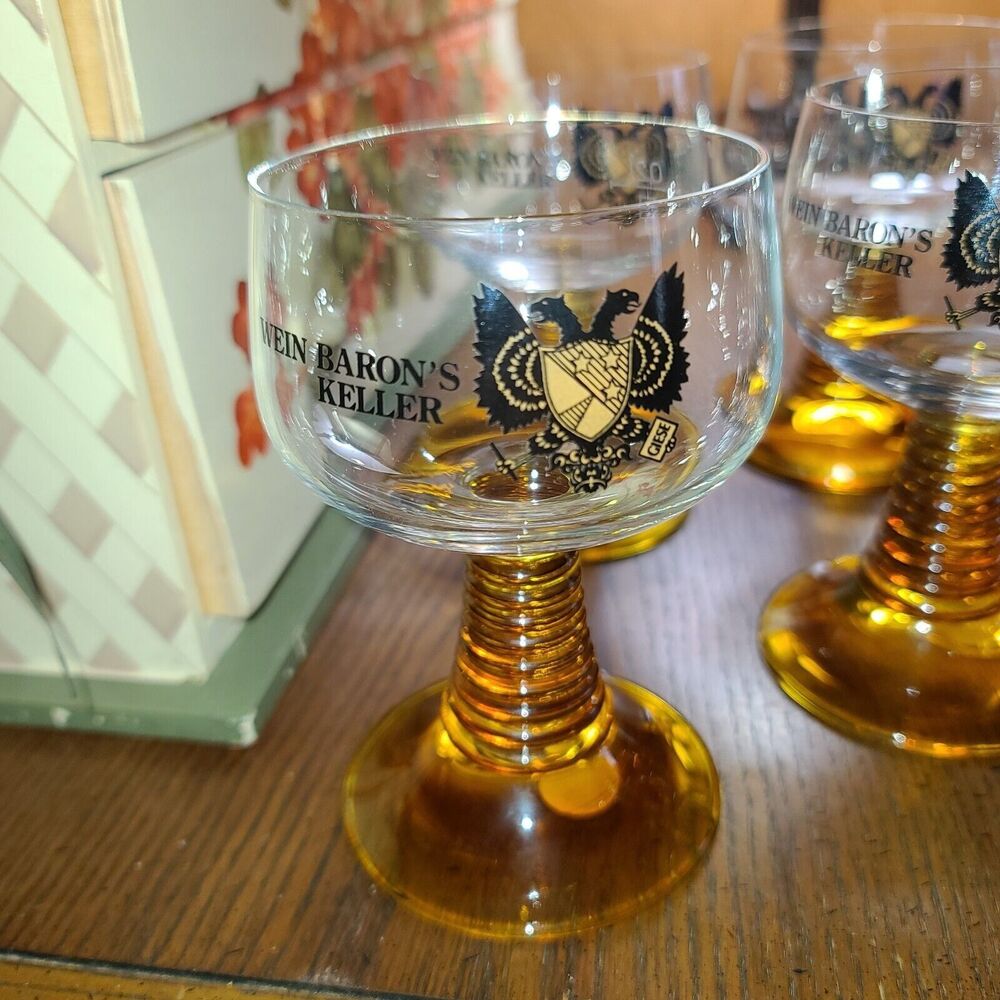 6 German Wein Barons Keller 5.5" Wine Glasses (8 oz) Amber Beehive Stem 1970s